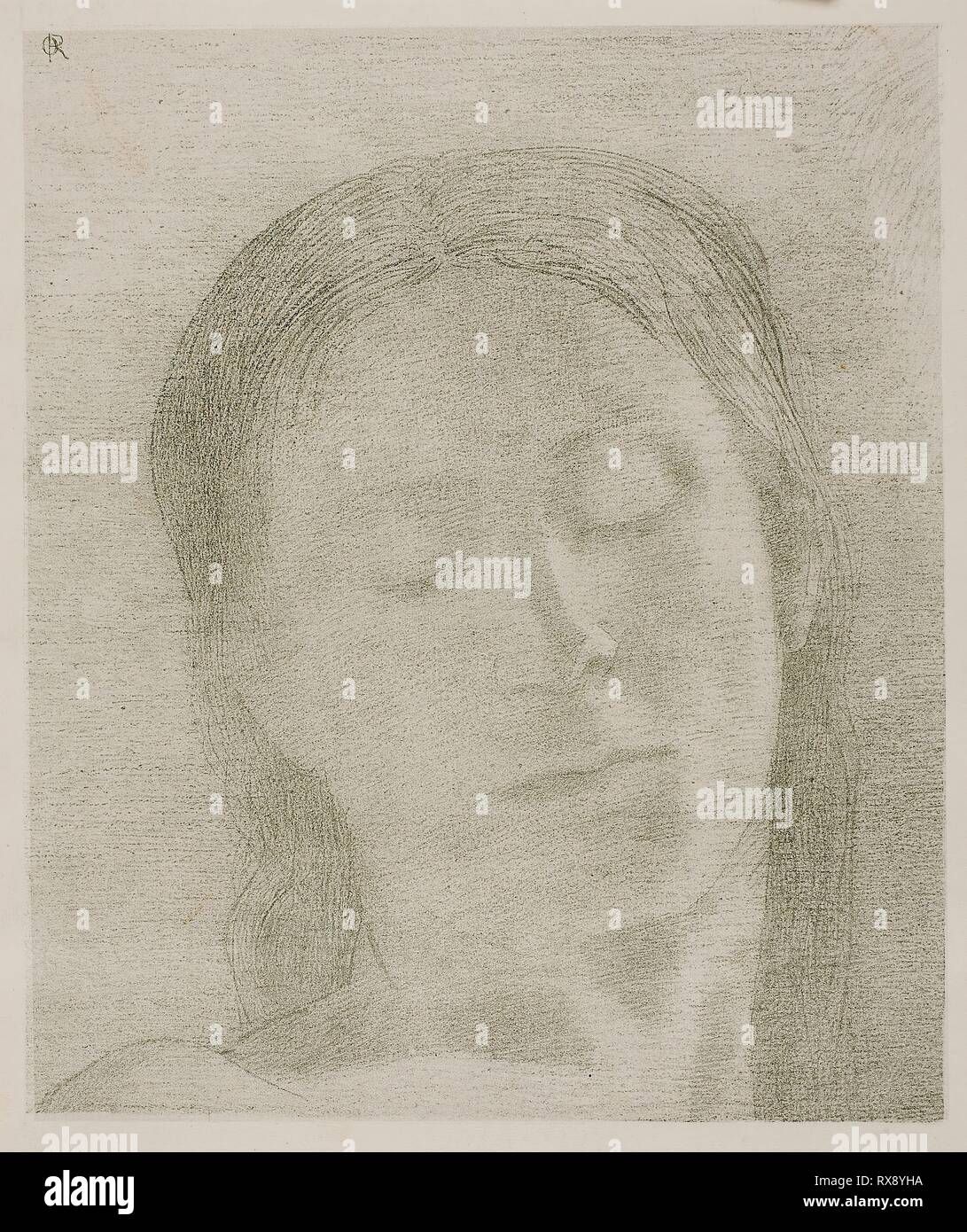 Closed Eyes. Odilon Redon; French, 1840-1916. Date: 1890. Dimensions: 218 × 183 mm (image); 530 × 373 mm (sheet). Lithograph in green on ivory wove paper. Origin: France. Museum: The Chicago Art Institute. Stock Photo