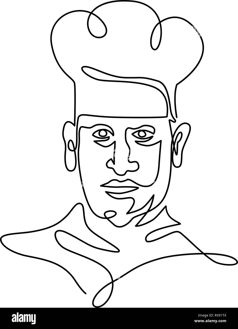 Continuous line illustration of head of a chef, cook or baker wearing toque hat viewed from front done in black and white monoline style. Stock Vector