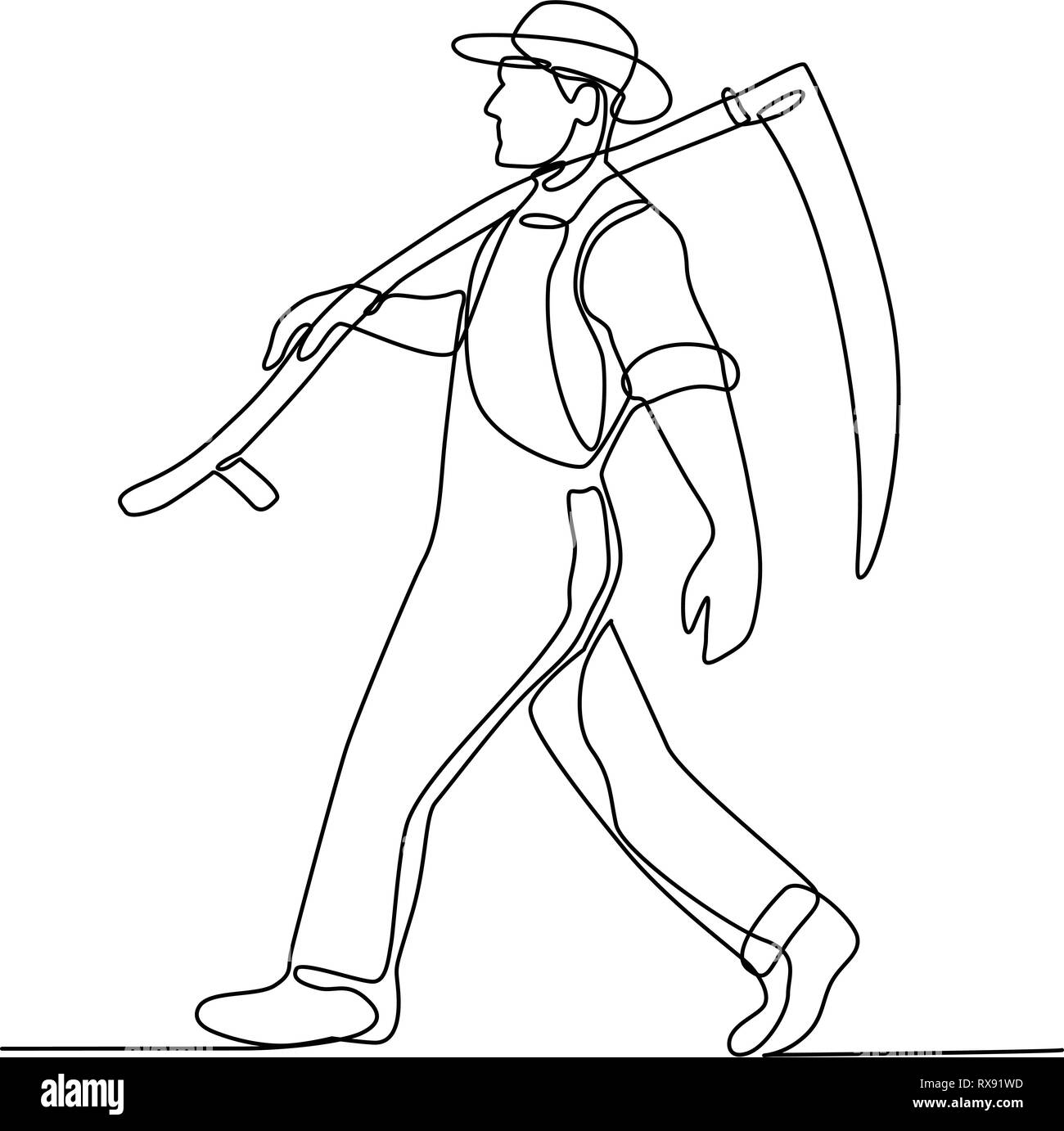 Continuous line illustration of an organic farmer walking carrying a scythe viewed from side done in black and white monoline style. Stock Vector