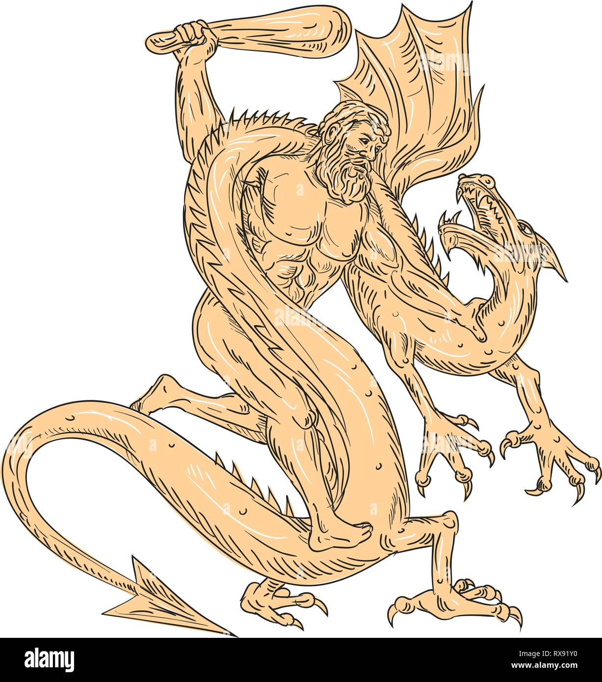 Hercules Greek God Drawing - Drawing Sketch Style Illustration Of Hercules A Roman Hero And God The Equivalent Of The Greek Divine Hero Heracles Fighting A Medieval Dragon On Is RX91Y0