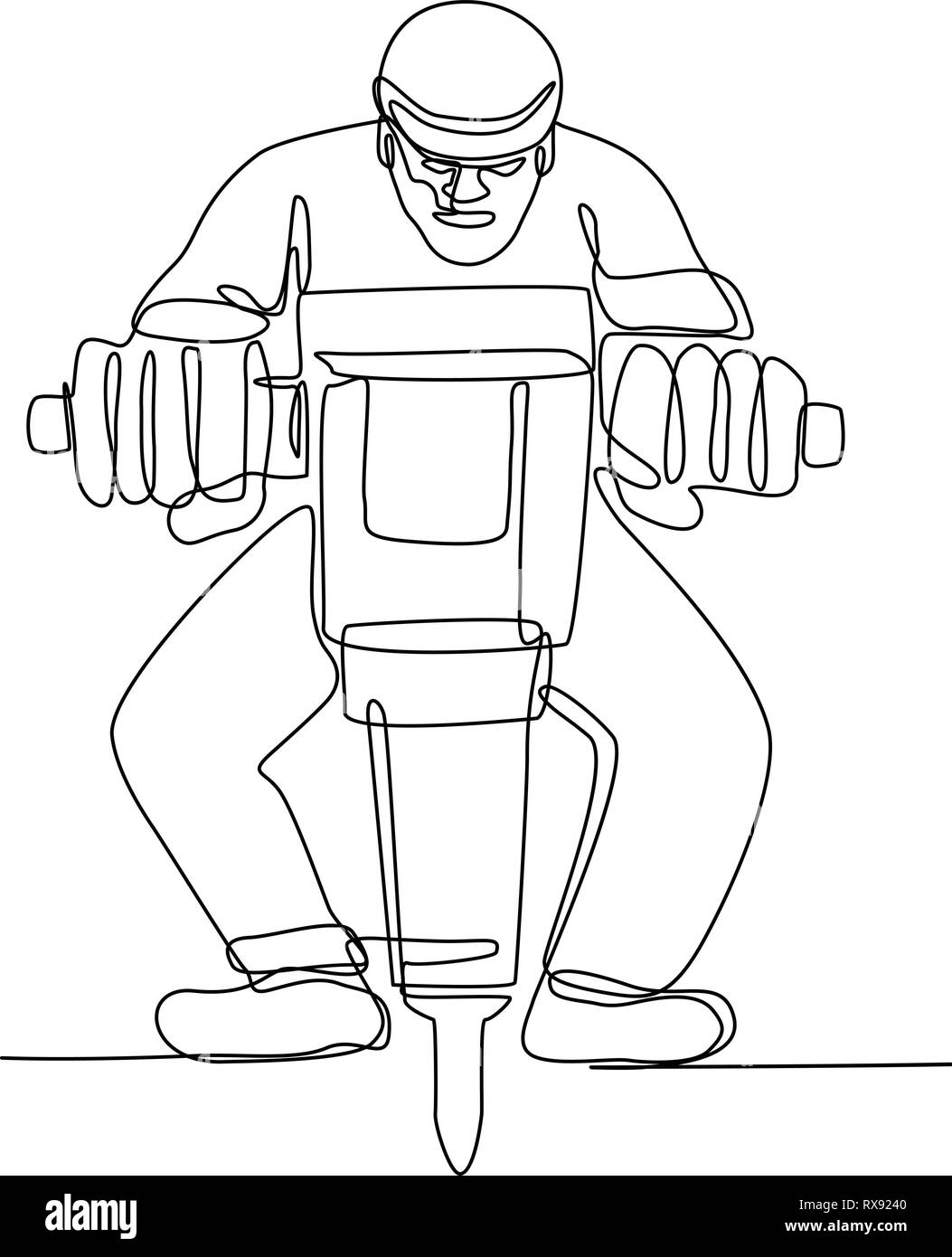 Continuous line illustration of construction worker with jackhammer, a