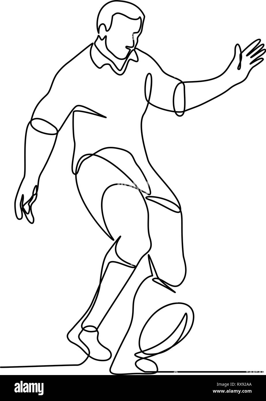 Continuous line illustration of a rugby player kicking the ball for a