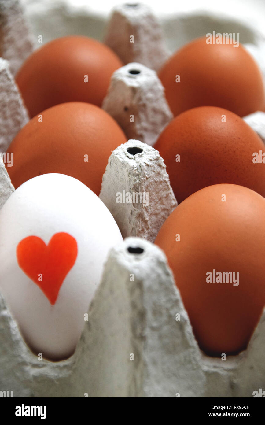 Box of brown eggs and a white egg with a red heart painted on it Stock Photo