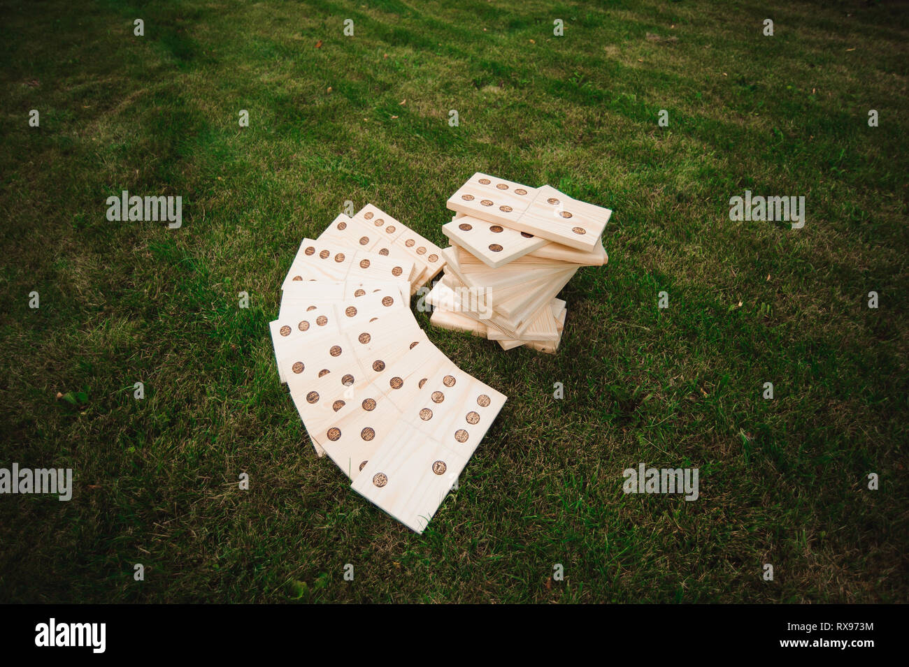 Outdoor games dominoes, giant outdoor game on green grass Stock Photo