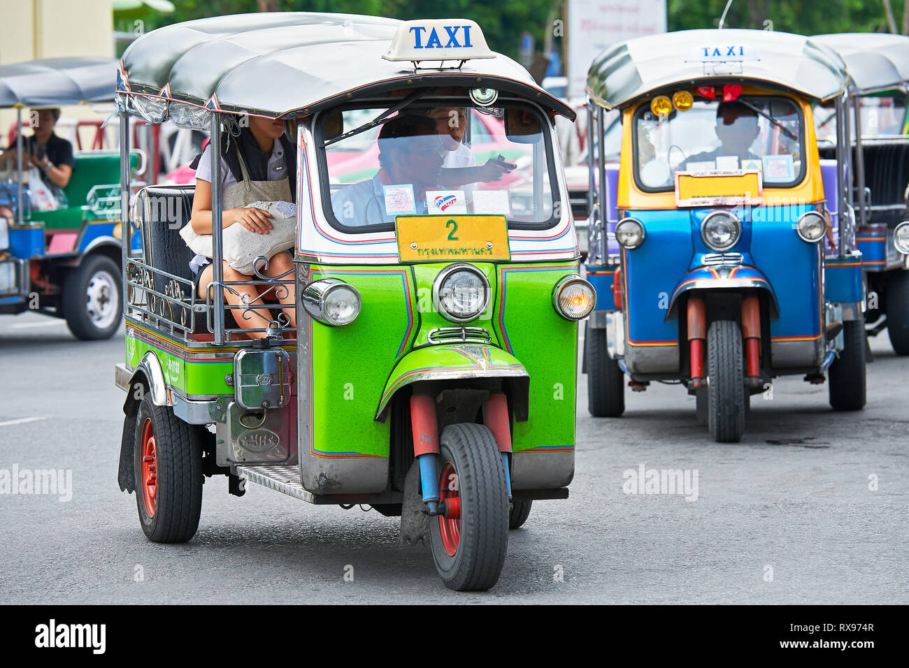 Bangkok, Thailand: Close-up of many colorful Tuk-Tuk vehicles 