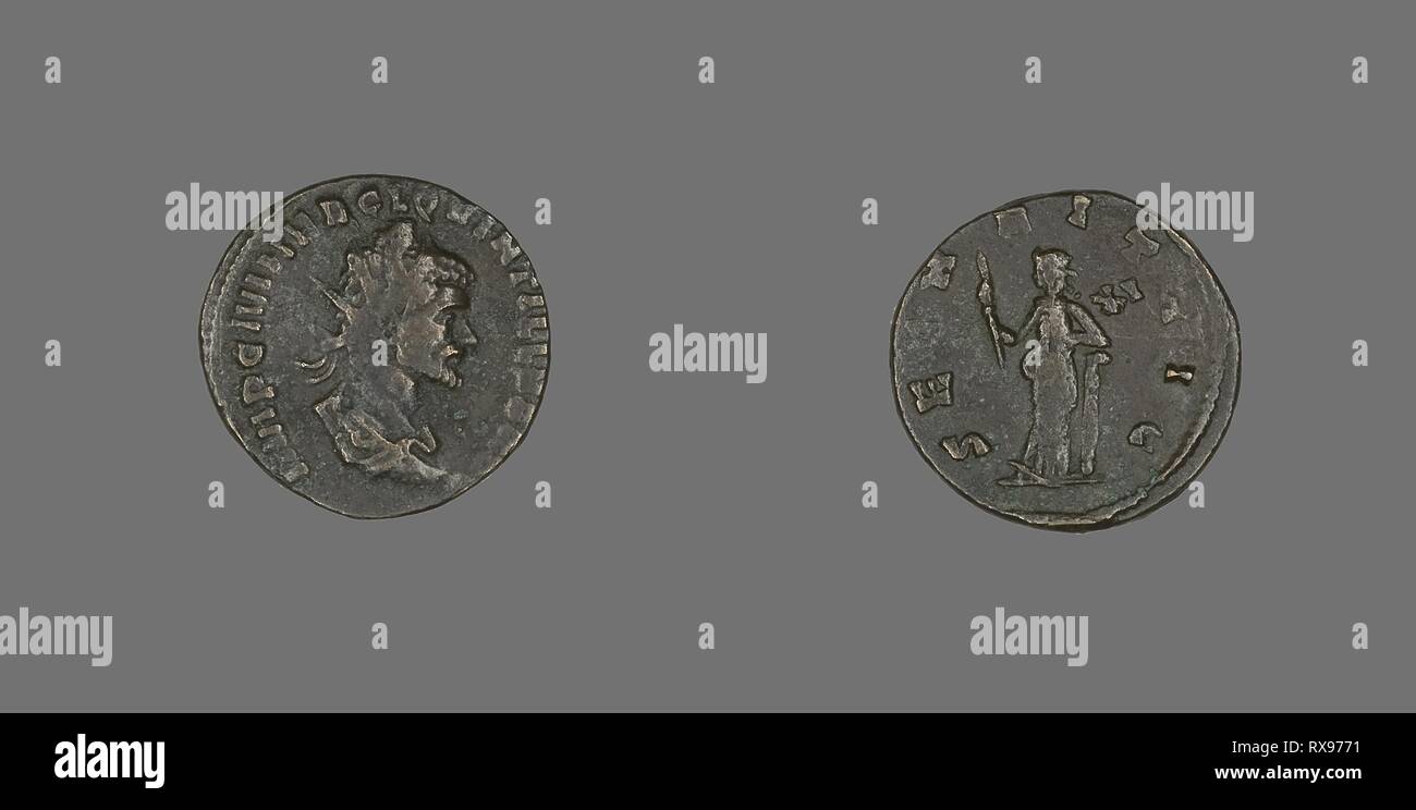 Coin Portraying Emperor Quintillus. Roman. Date: 270 AD. Dimensions: Diam. 2 cm; 2.89 g. Bronze. Origin: Roman Empire. Museum: The Chicago Art Institute. Author: ANCIENT ROMAN. Stock Photo