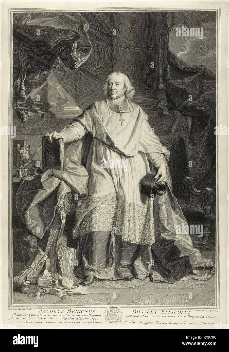 Portrait of Jacques Bénigne Bossuet, Bishop of Meaux. Pierre-Imbert Drevet (French, 1697-1739); after Hyacinthe Rigaud (French, 1659-1743). Date: 1723. Dimensions: 508 × 333 mm (image); 511 × 351 mm (plate); 519 × 357 mm (sheet). Engraving on ivory laid paper. Origin: France. Museum: The Chicago Art Institute. Stock Photo
