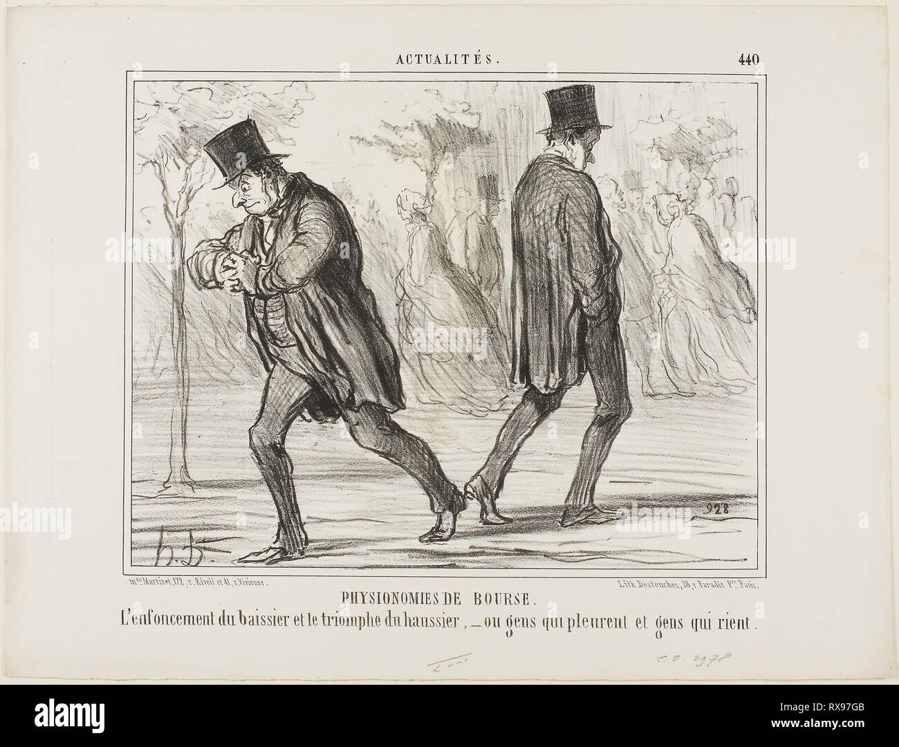 Physiognomy of the Stock Exchange. The despair of the baissier and the triumph of the haussier - or crying and laughing, plate 440 from Actualités. Honoré Victorin Daumier; French, 1808-1879. Date: 1857. Dimensions: 199 × 254 mm (image); 273 × 359 mm (sheet). Lithograph in black on white wove paper. Origin: France. Museum: The Chicago Art Institute. Author: Honoré-Victorin Daumier. Stock Photo