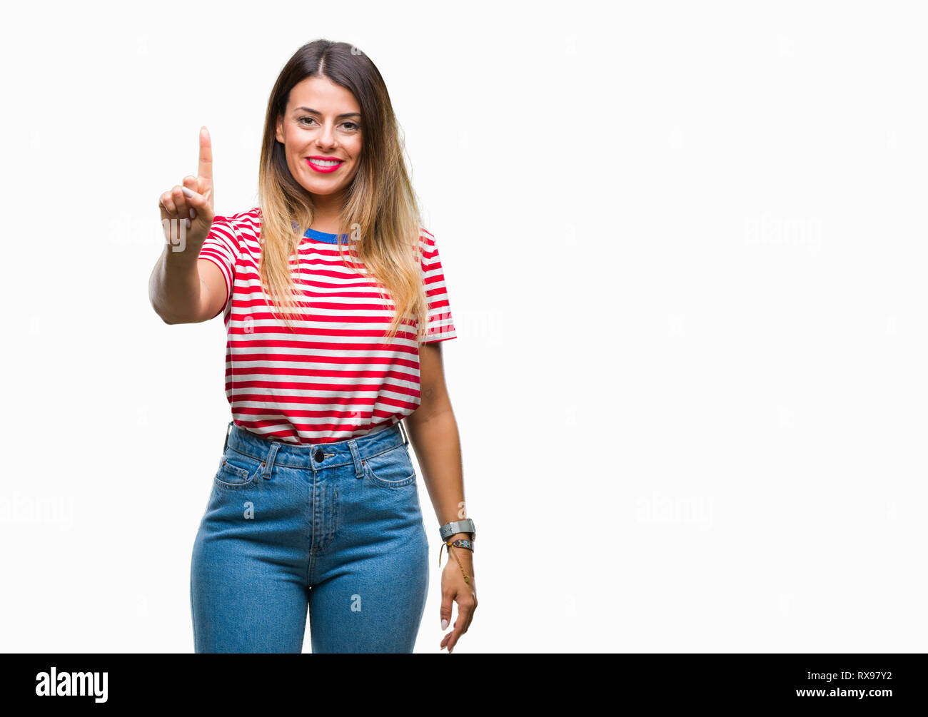 Young beautiful woman casual look over isolated background showing and pointing up with finger number one while smiling confident and happy. Stock Photo