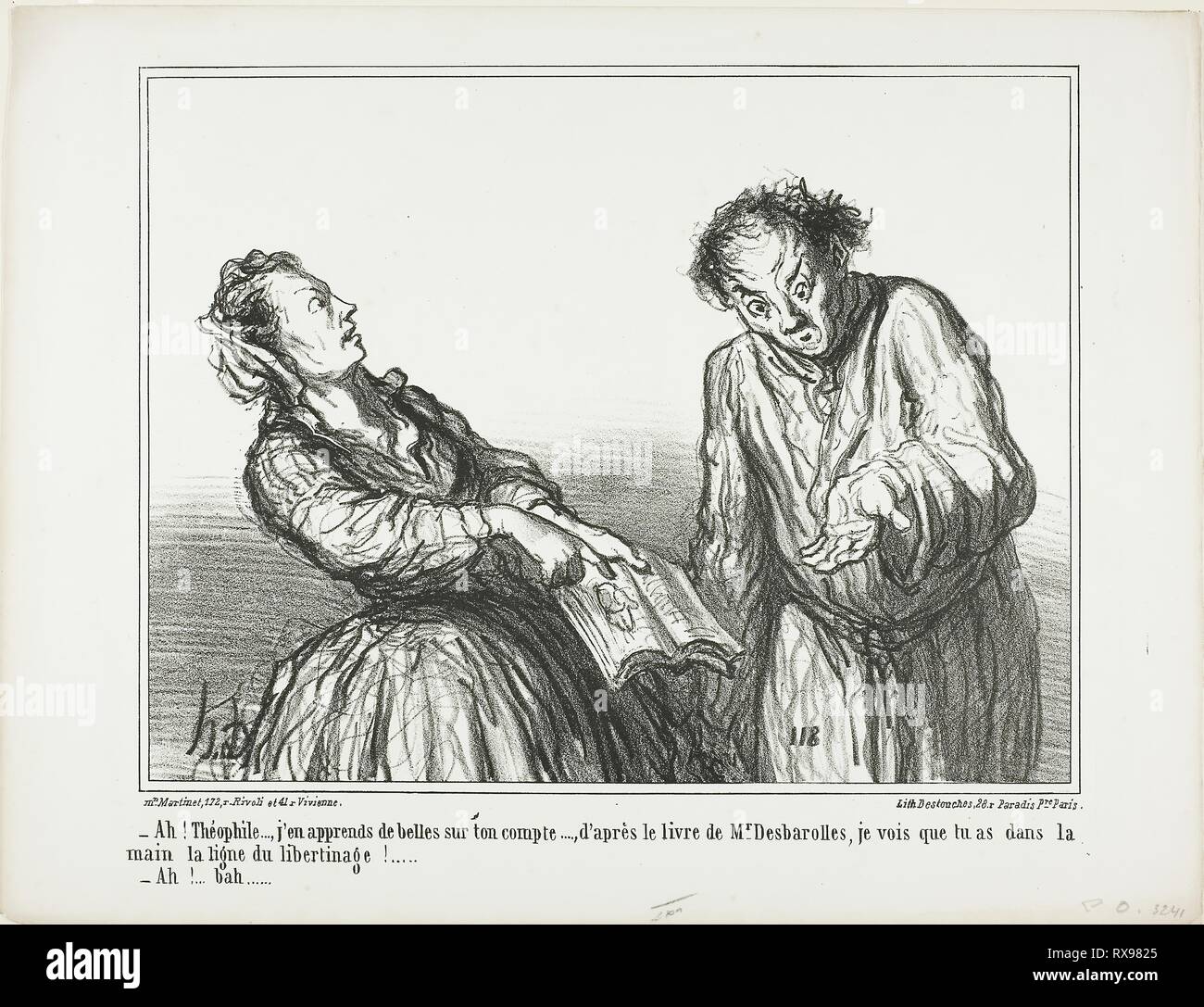 '- Ah, Théophile, what ghastly things I am reading about you. According to the book by Mr. Desbarolles, I can tell that you have in your palm the lines of a libertinage!... - Oh, well...,' plate 1 from Ces Bons Parisiens. Honoré Victorin Daumier; French, 1808-1879. Date: 1860. Dimensions: 210 × 274 mm (image); 274 × 359 mm (sheet). Lithograph in black on white wove paper. Origin: France. Museum: The Chicago Art Institute. Author: Honoré-Victorin Daumier. Stock Photo