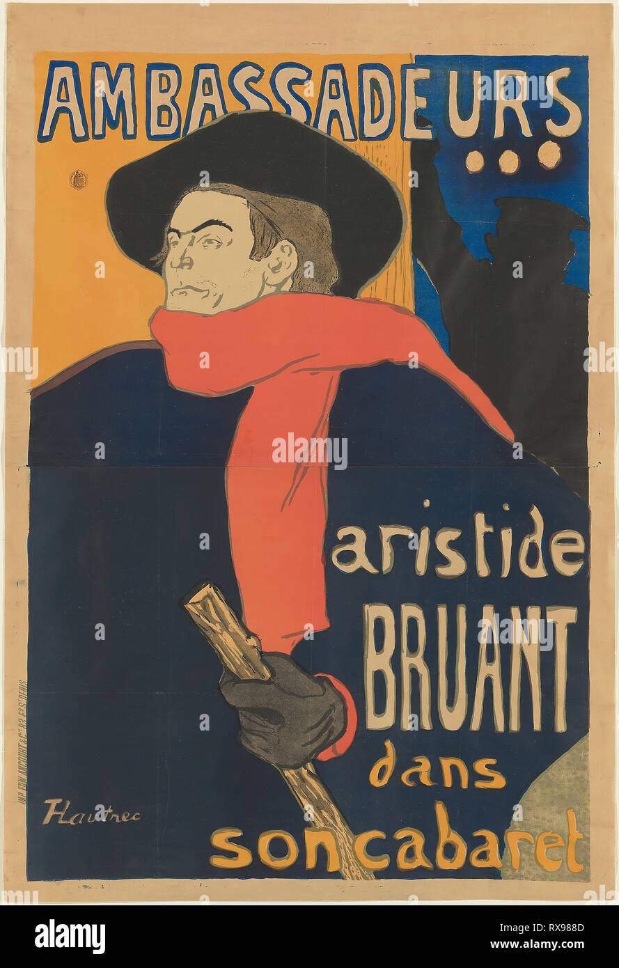 Ambassadeurs: Aristide Bruant. Henri de Toulouse-Lautrec; French, 1864-1901. Date: 1892. Dimensions: 1,390 × 952 mm (image, incl. stray marks); 1,472 × 999 mm (total with both sheets). Color lithograph on tan wove paper. Origin: France. Museum: The Chicago Art Institute. Stock Photo