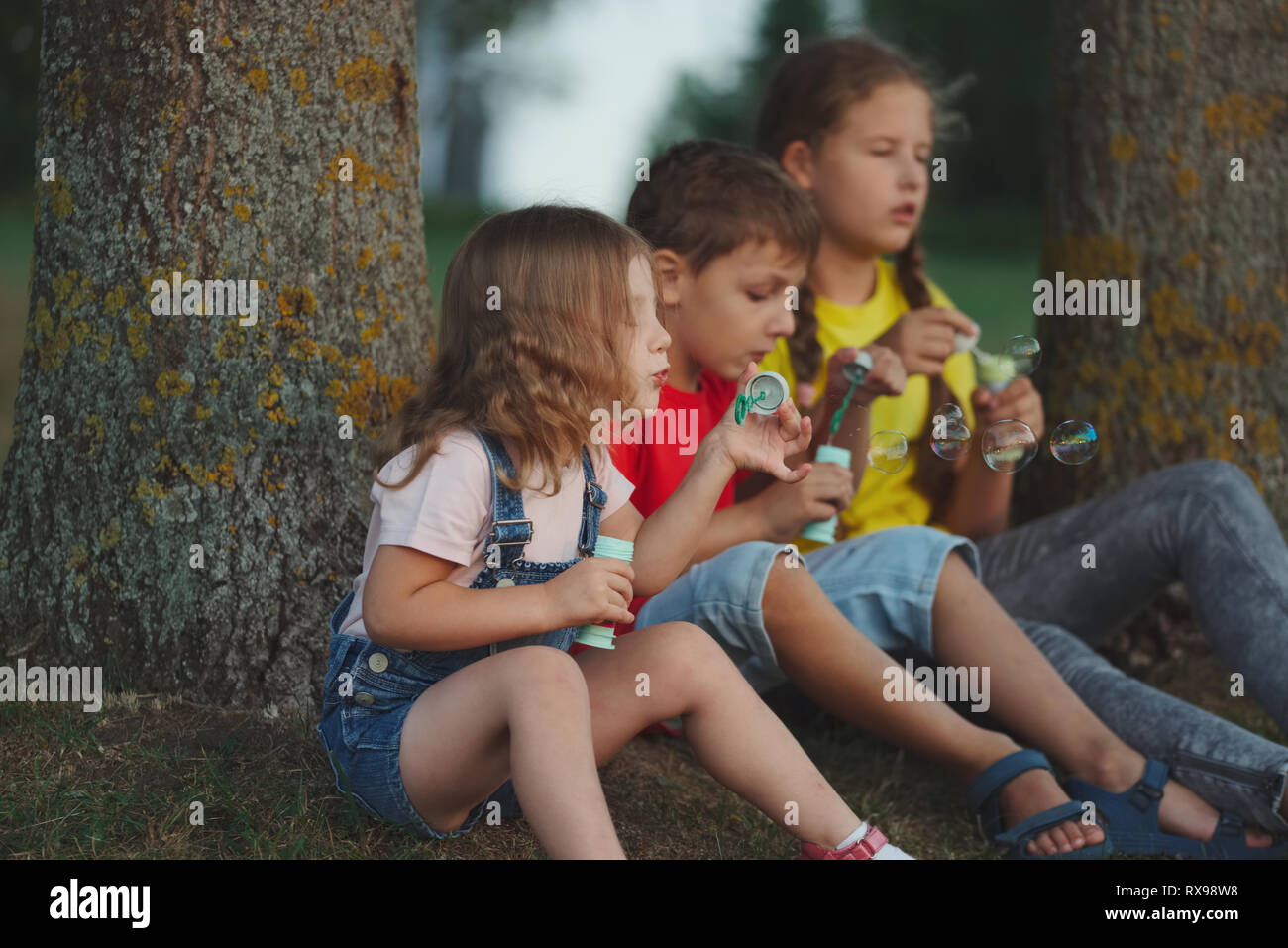 children playing with soap bubbles in park Stock Photo - Alamy