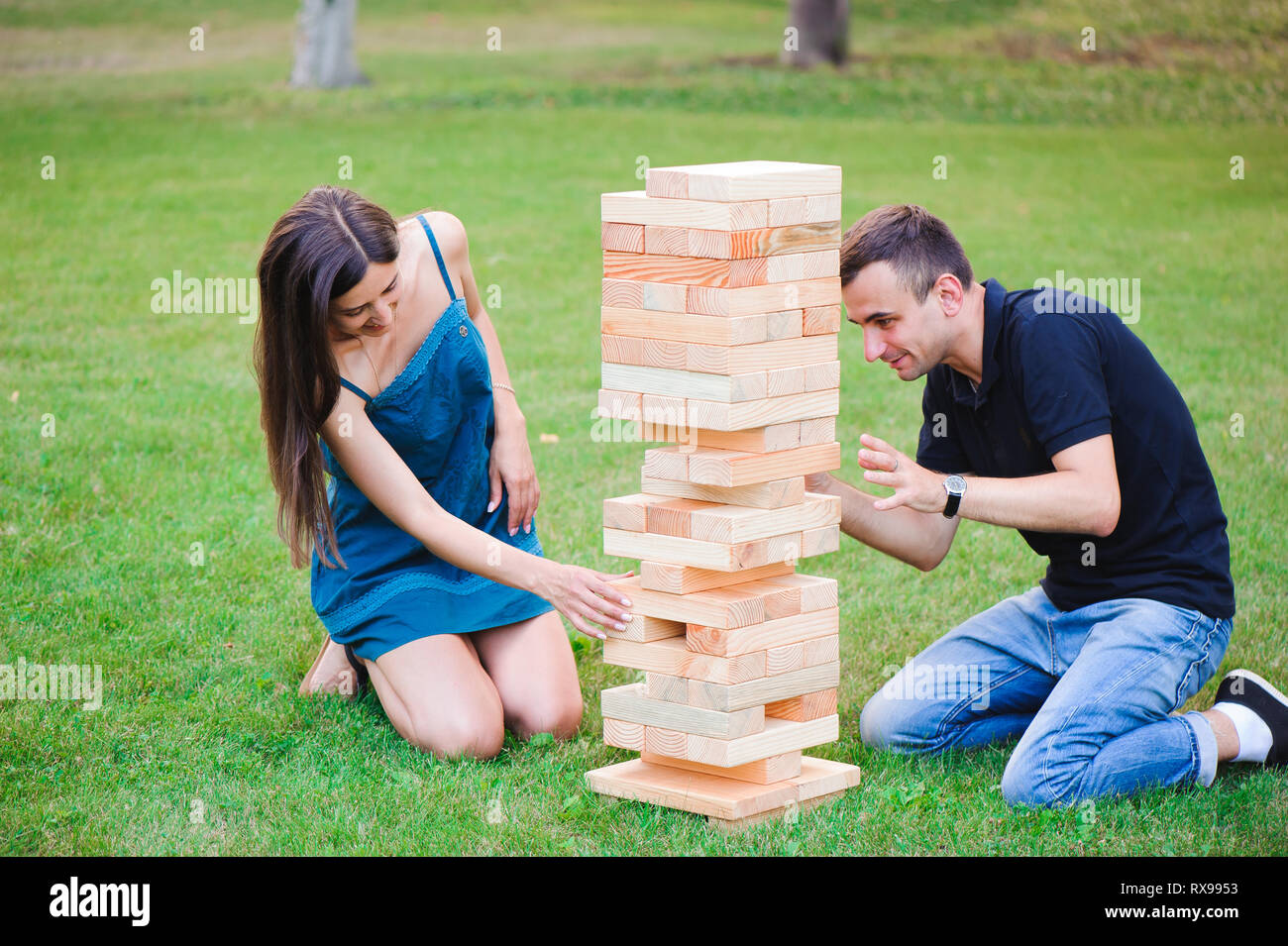 Giant Outdoor Block Game. The tower from wooden blocks Stock Photo Alamy