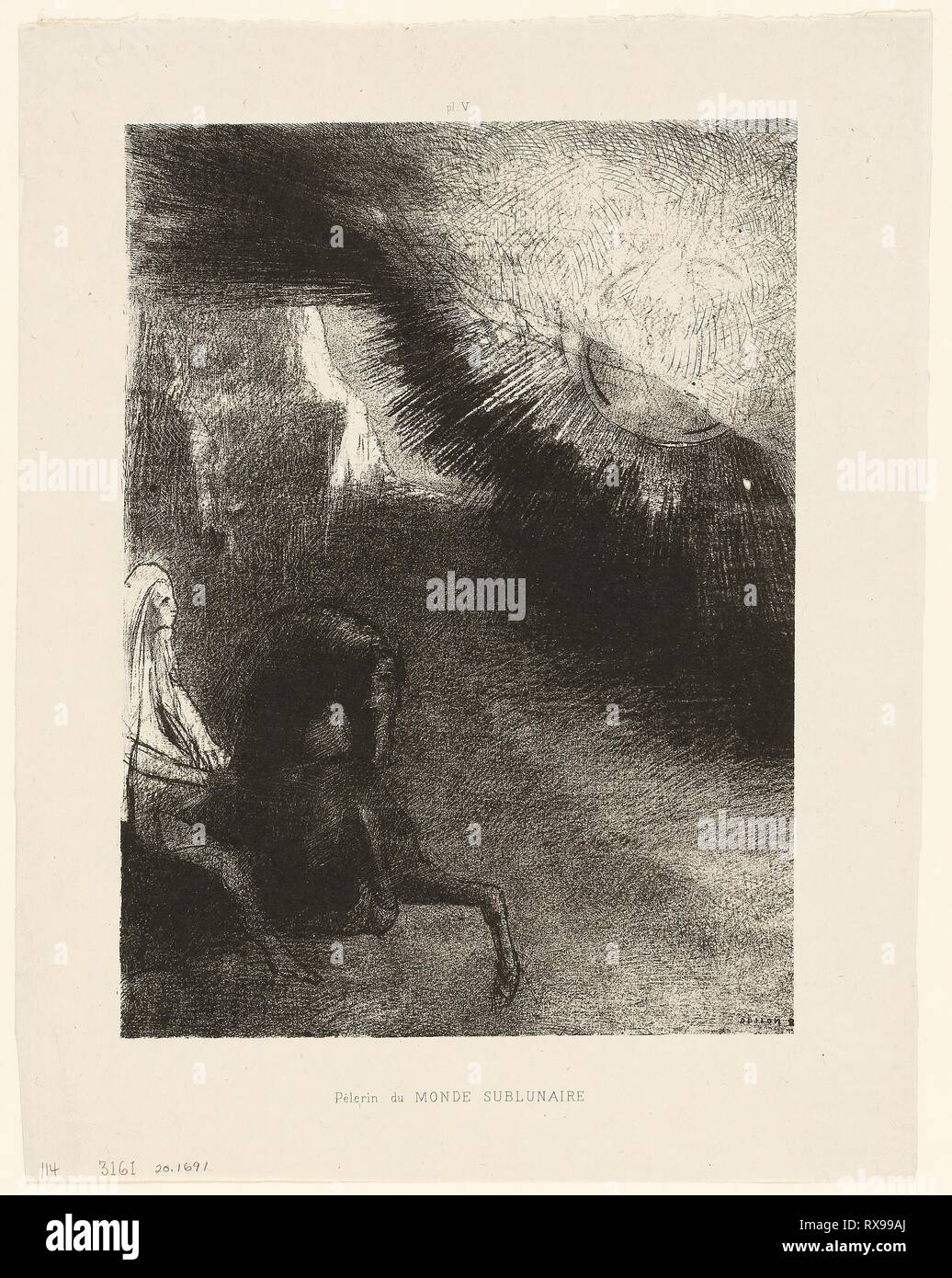 Pilgrim of the Sublunary World, plate 5 of 6. Odilon Redon; French, 1840-1916. Date: 1891. Dimensions: 274 × 201 mm (image); 349 × 267 mm (sheet). Lithograph in black on light gray chine. Origin: France. Museum: The Chicago Art Institute. Stock Photo