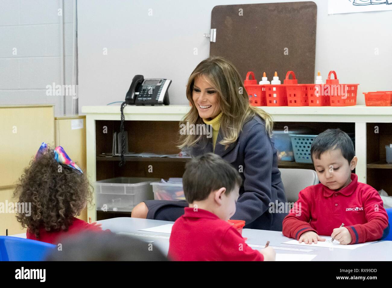 U.S First Lady Melania Trump joins pre-school students in activities during a visit to the Dove School of Discovery Elementary School March 4, 2019 in Tulsa, Oklahoma. Stock Photo