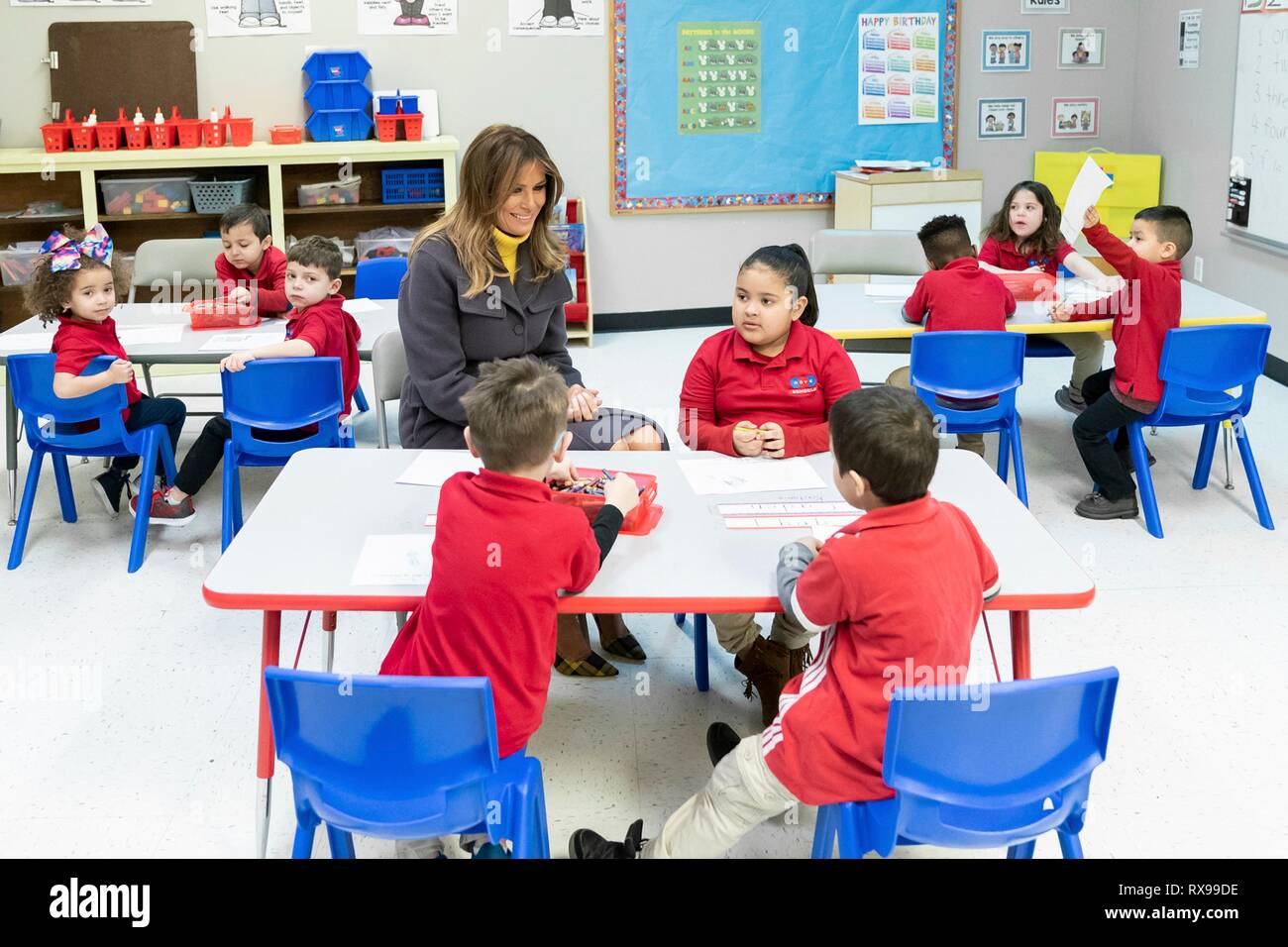 U.S First Lady Melania Trump joins pre-school students in activities during a visit to the Dove School of Discovery Elementary School March 4, 2019 in Tulsa, Oklahoma. Stock Photo