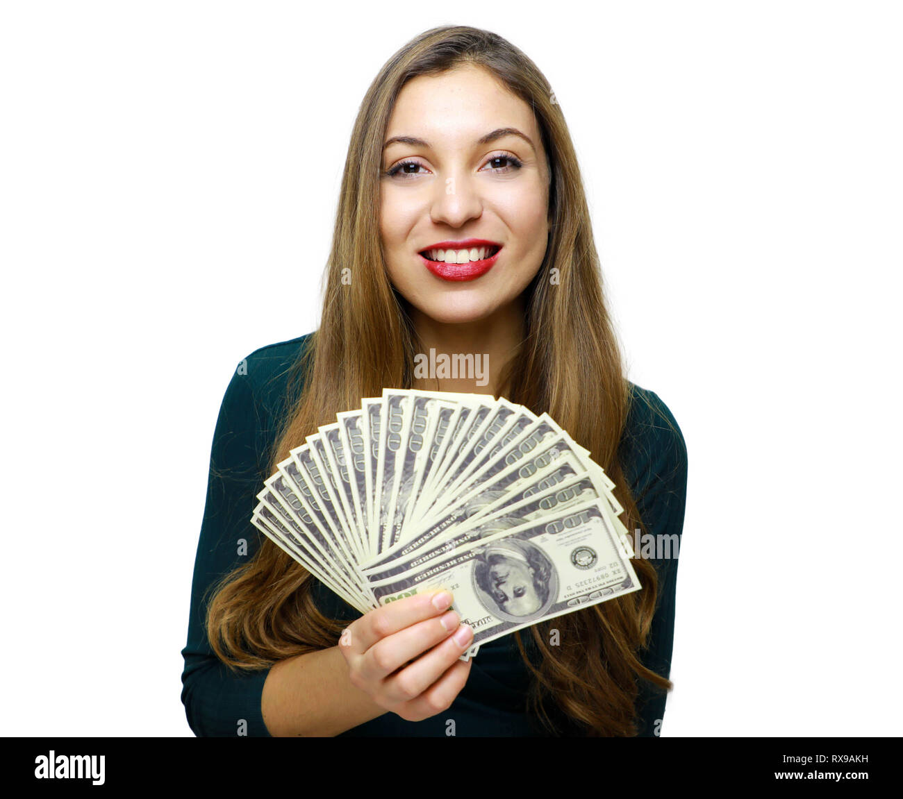 Premium Photo  Woman smiling with white teeth and holding lots of money in  dollar currency