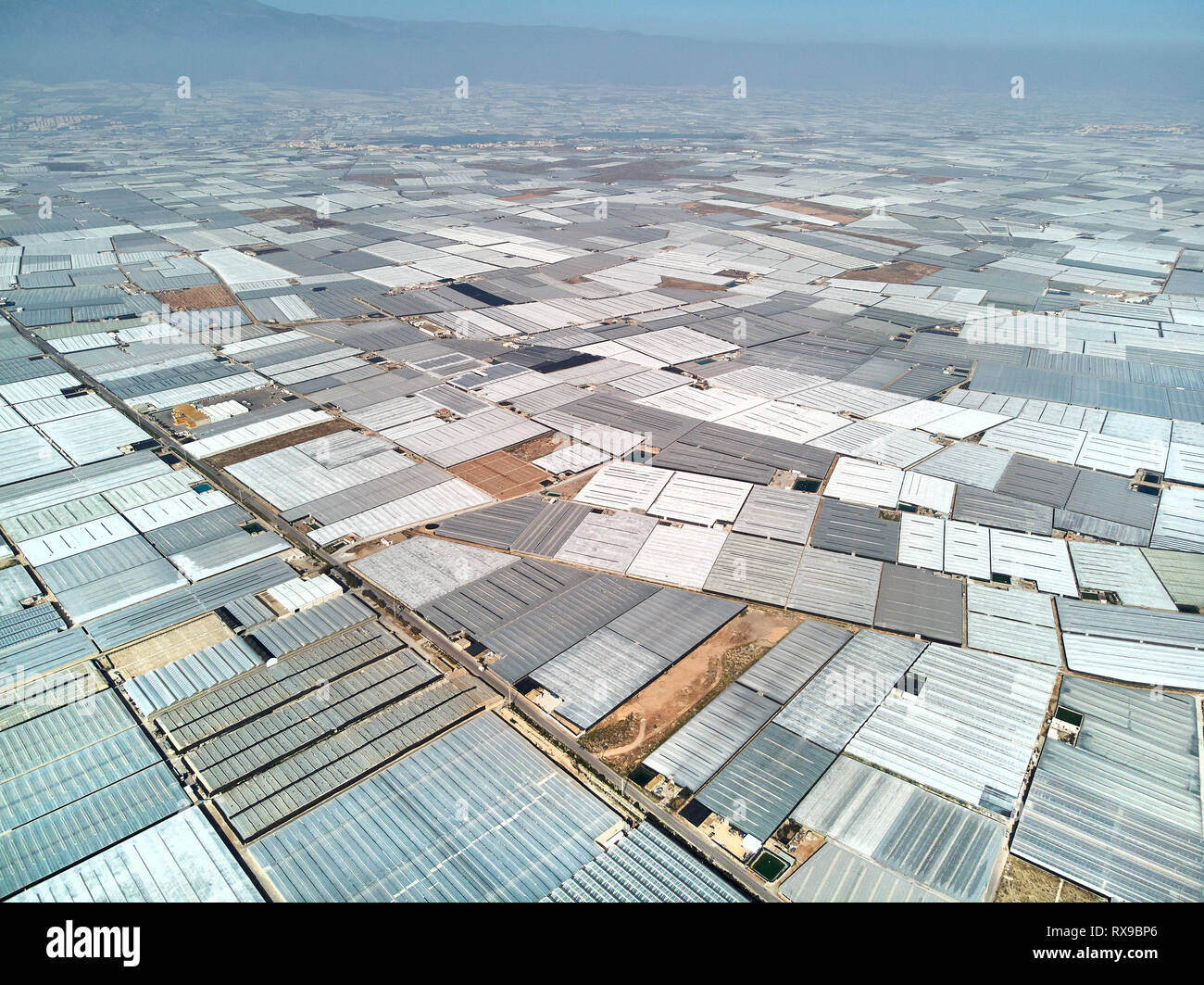Aerial above drone point of view huge amount polythene plastic exterior greenhouses hothouses where cultivated fruits and vegetables in Almerimar, pro Stock Photo