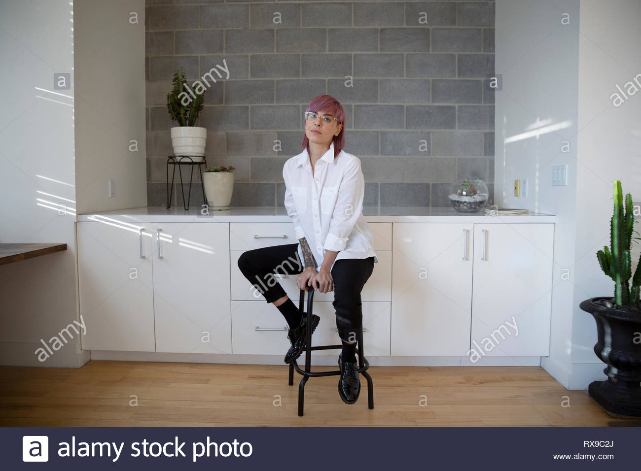 Portrait confident beautiful non-binary gender person with pink hair in studio Stock Photo