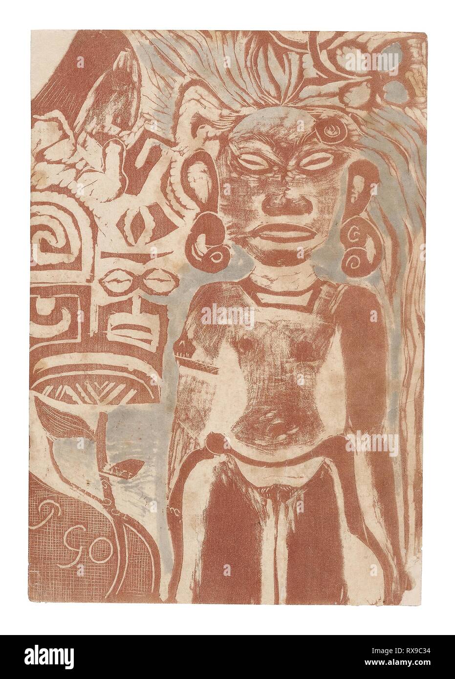 Tahitian Idol--the Goddess Hina. Paul Gauguin; French, 1848-1903. Date: 1894-1895. Dimensions: 142 × 99 mm (image/primary/secondary support). Wood-block print in reddish-brown ink with blue-gray watercolor on ivory wove paper, laid down on ivory wove paper. Origin: France. Museum: The Chicago Art Institute. Stock Photo