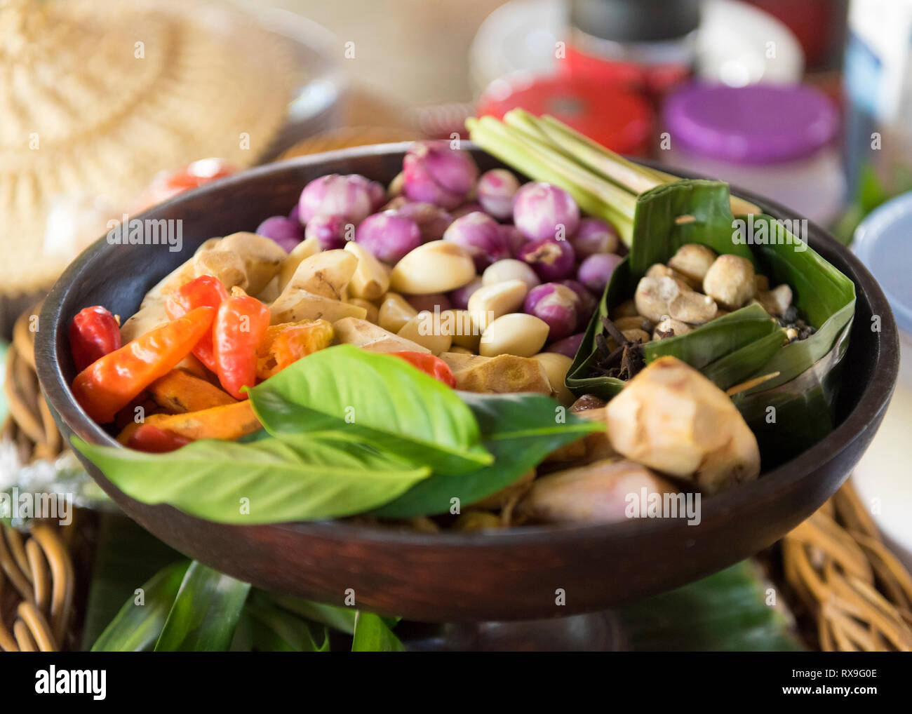 High angle view of various food ingredients in bowl on table Stock Photo