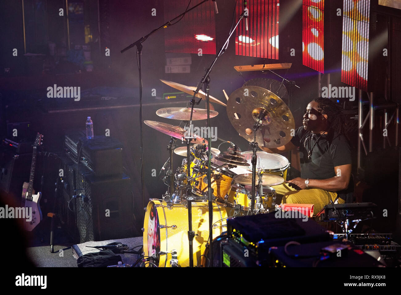 Will Calhoun, drummer for the band, 'Living Colour' drumming for a show held at the Culture Room in Ft. Lauderdale, Florida on October 27, 2017. Stock Photo