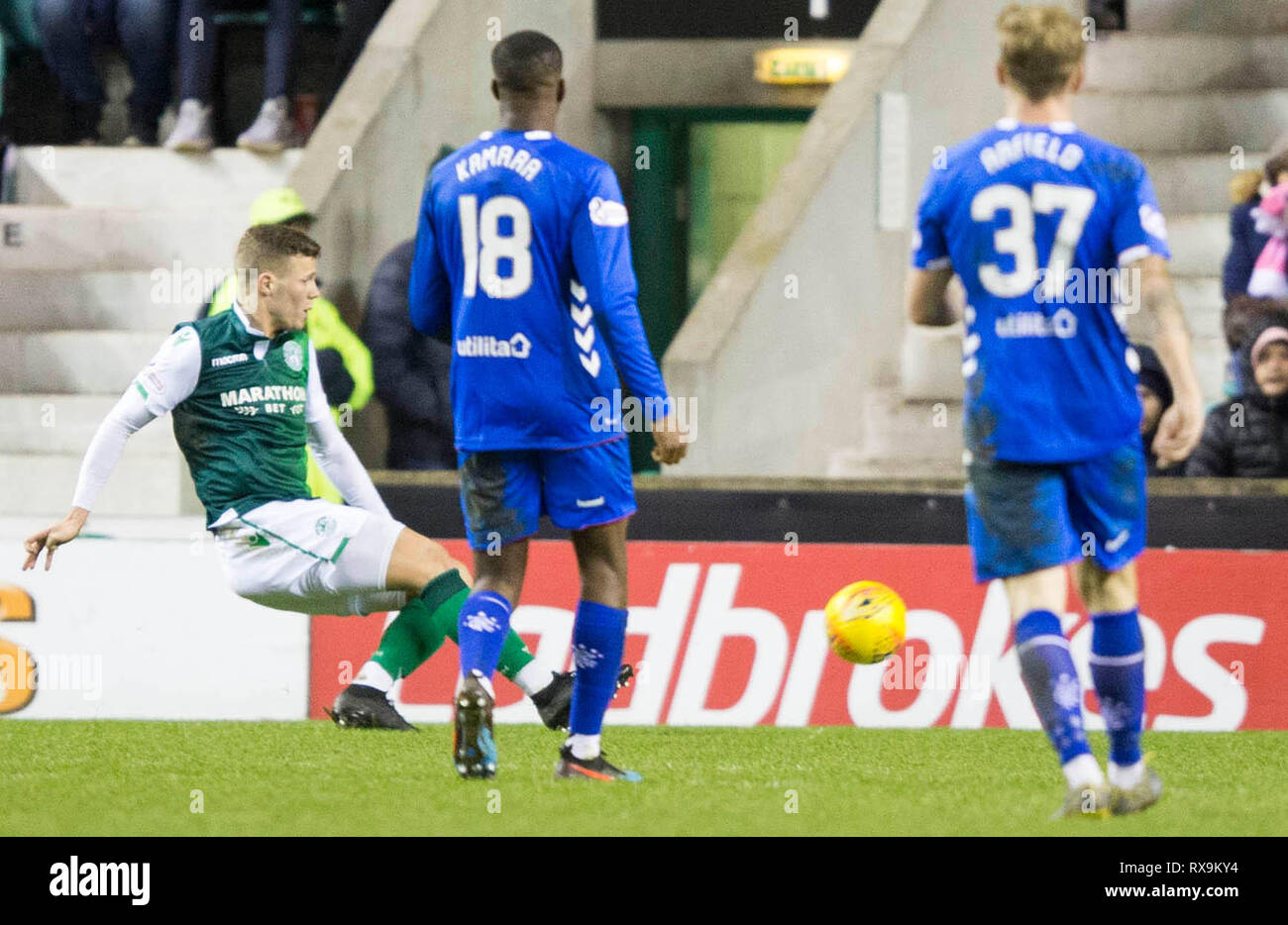 Hibernian’s Florian Kamber scores his side's first goal of the game during the Ladbrokes Scottish Premiership match at Easter Road, Edinburgh. Stock Photo