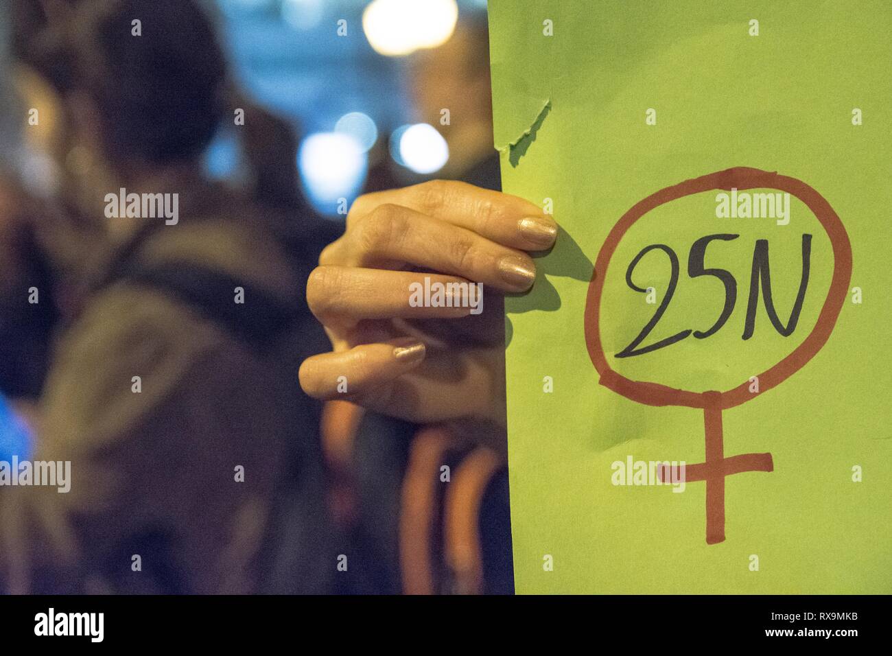 A protester seen holding a placard during the demonstration. Hundreds of women participated in the demonstration of 'anti-sexism and patriarchy' during the international women's day. Stock Photo