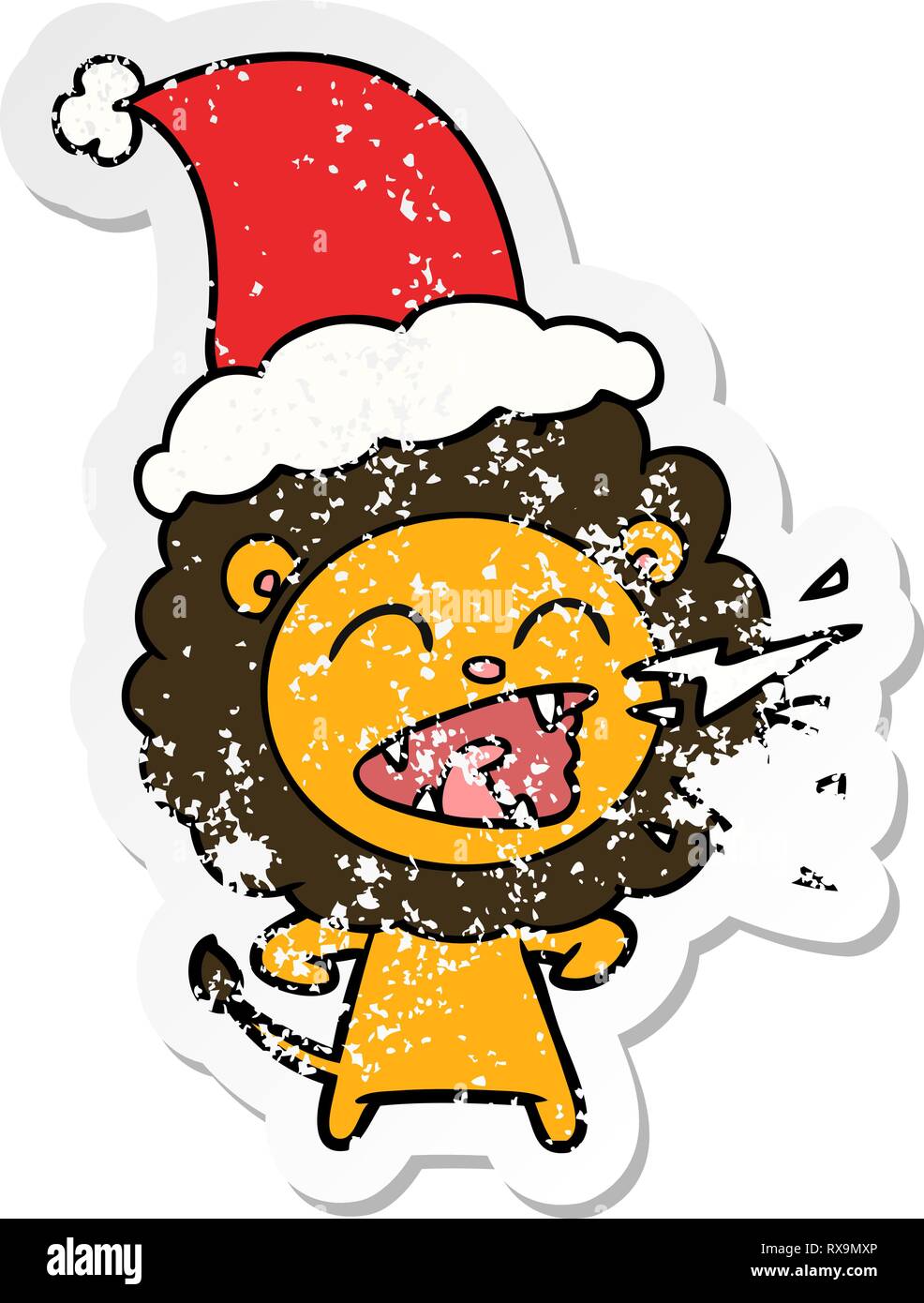 hand drawn distressed sticker cartoon of a roaring lion wearing santa ...