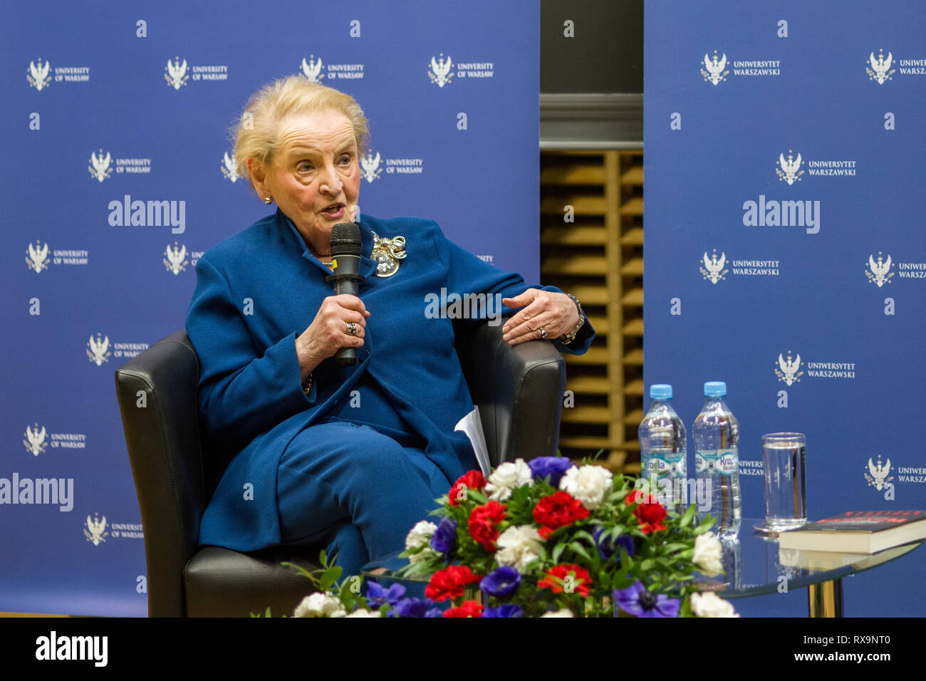 Madeleine Albright seen speaking during the open meeting at the Warsaw University. On Friday at the University of Warsaw, an open meeting with Madeleine Albright took place in the hall of the former University Library. Her visit to the University of Warsaw is connected with last year's edition of the Polish language version of her book entitled "Fascism: A Warning." Madeleine Albright was the secretary of the state in US in 1997-2001. She was the first woman on this position in the United States. In 1993, President Clinton appointed her to the position of US Ambassador to the United Nations. Stock Photo