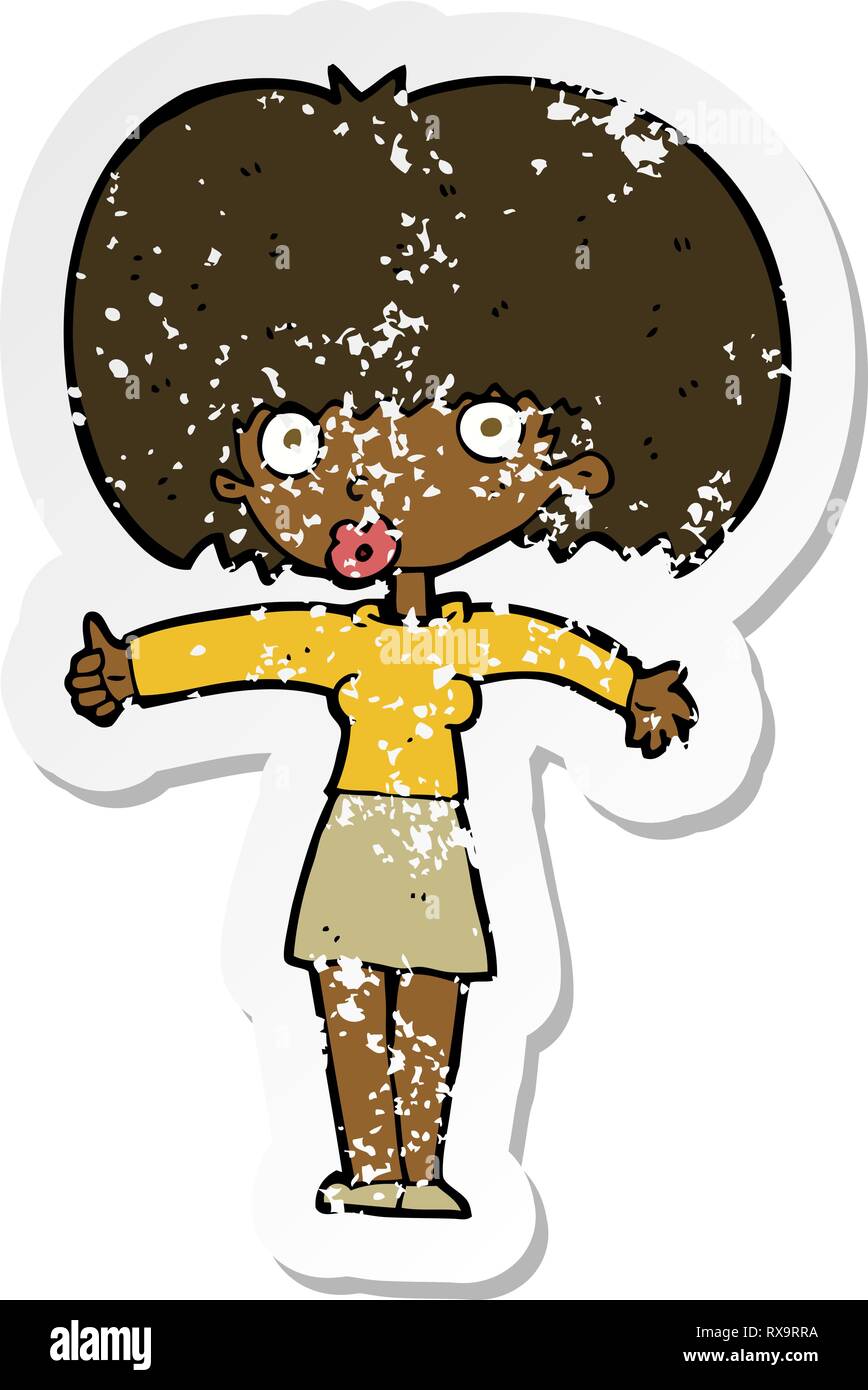 retro distressed sticker of a cartoon woman giving thumbs up symbol ...