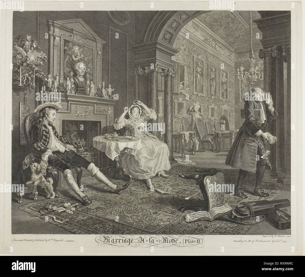 Plate Two, from Marriage à la Mode. Bernard Baron (French, 1696-1762); after William Hogarth (English, 1697-1764). Date: 1745. Dimensions: 355 × 443 mm (image); 385 × 464 mm (plate); 404 × 480 mm (sheet). Etching and engraving in black with traces of pen and black ink on ivory laid paper. Origin: France. Museum: The Chicago Art Institute. Stock Photo