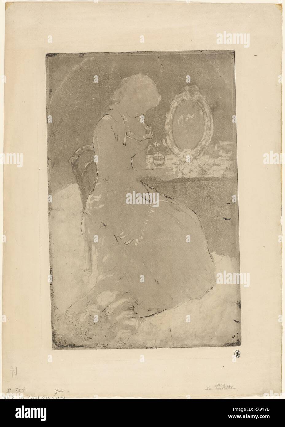 At the Dressing Table. Mary Cassatt; American, 1844-1926. Date: 1880. Dimensions: 321 x 209 mm (image); 349 x 228 mm (plate); 431 x 308 mm (sheet). Soft ground and aquatint on cream wove paper. Origin: United States. Museum: The Chicago Art Institute. Stock Photo
