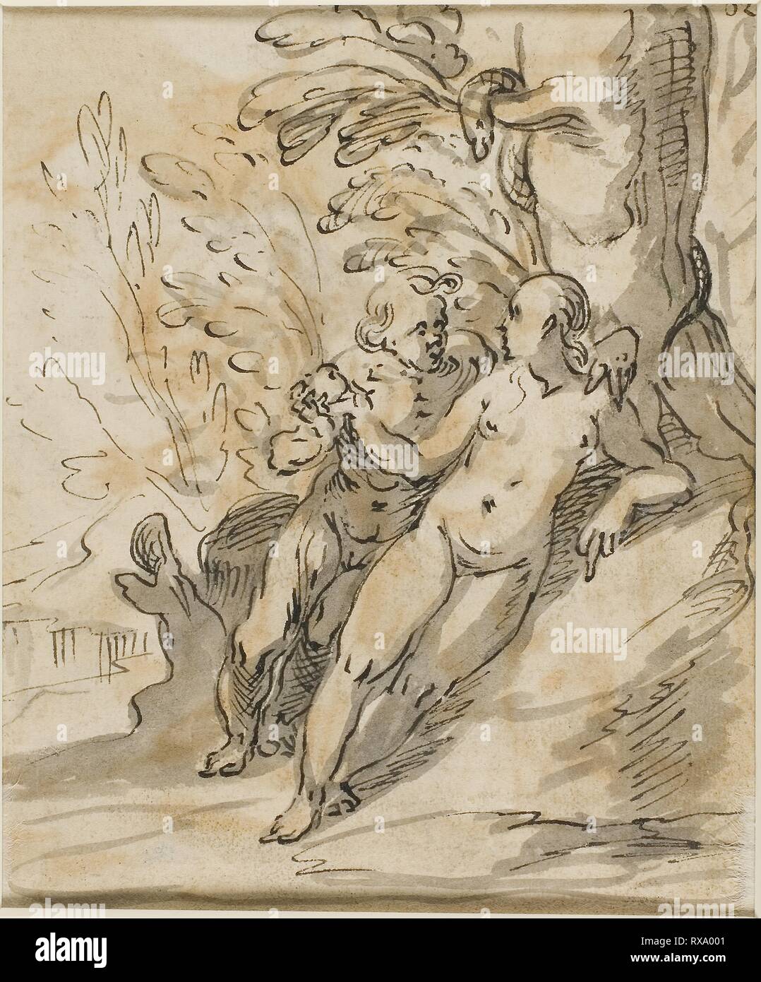 Adam and Eve Under a Tree (recto); Two Men in Dispute (verso). Hermann Weyer; German, c. 1596-1621. Date: 1605-1621. Dimensions: 184 x 156 mm. Pen and black ink, with brush and gray and brown wash, heightened with white gouache, on cream laid paper. Origin: Germany. Museum: The Chicago Art Institute. Stock Photo