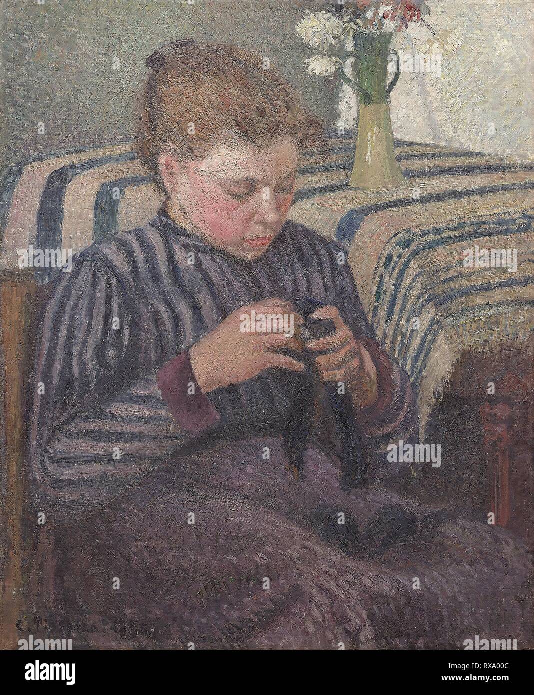 Woman Mending. Camille Pissarro; French, 1830-1903. Date: 1895. Dimensions: 65.4 × 54.4 cm (25 5/8 × 21 3/8 in.). Oil on canvas. Origin: France. Museum: The Chicago Art Institute. Stock Photo
