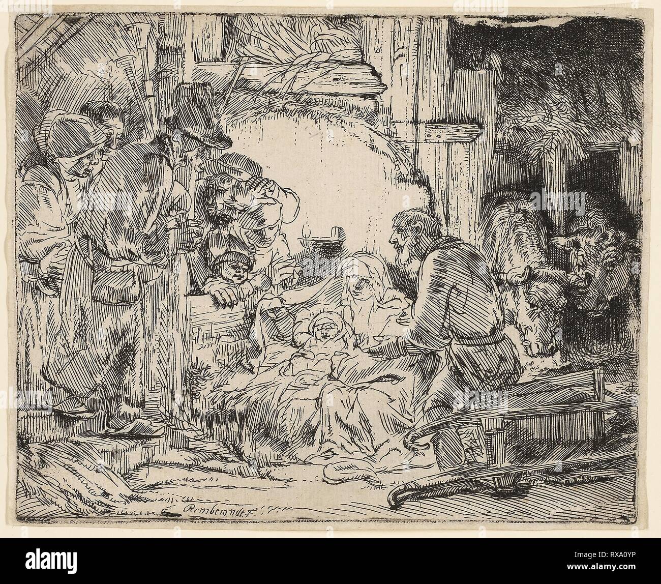 The Adoration of the Shepherds: With the Lamp. Rembrandt van Rijn; Dutch, 1606-1669. Date: 1648-1659. Dimensions: 105 x 128 mm (image/plate); 108 x 132 mm (sheet). Etching on ivory laid paper. Origin: Holland. Museum: The Chicago Art Institute. Author: REMBRANDT HARMENSZOON VAN RIJN. Stock Photo