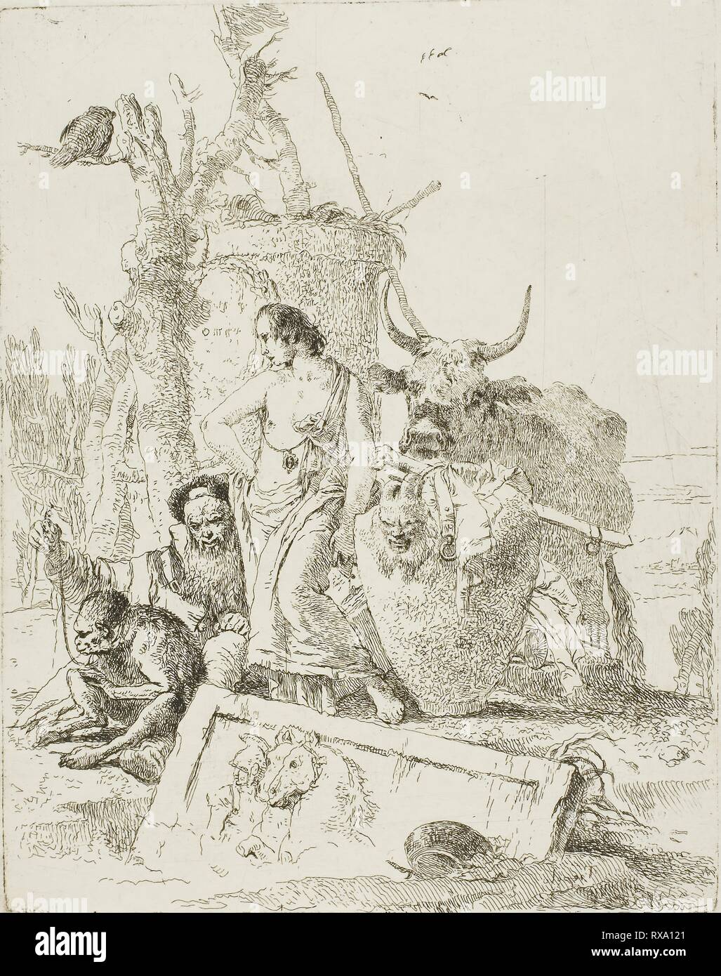 Young Shepherds and Old Man with a Monkey, from Scherzi. Giambattista Tiepolo; Italian, 1696-1770. Date: 1735-1740. Dimensions: 225 x 176 mm (plate); 392 x 268 mm (sheet). Etching printed in black on paper. Origin: Italy. Museum: The Chicago Art Institute. Stock Photo