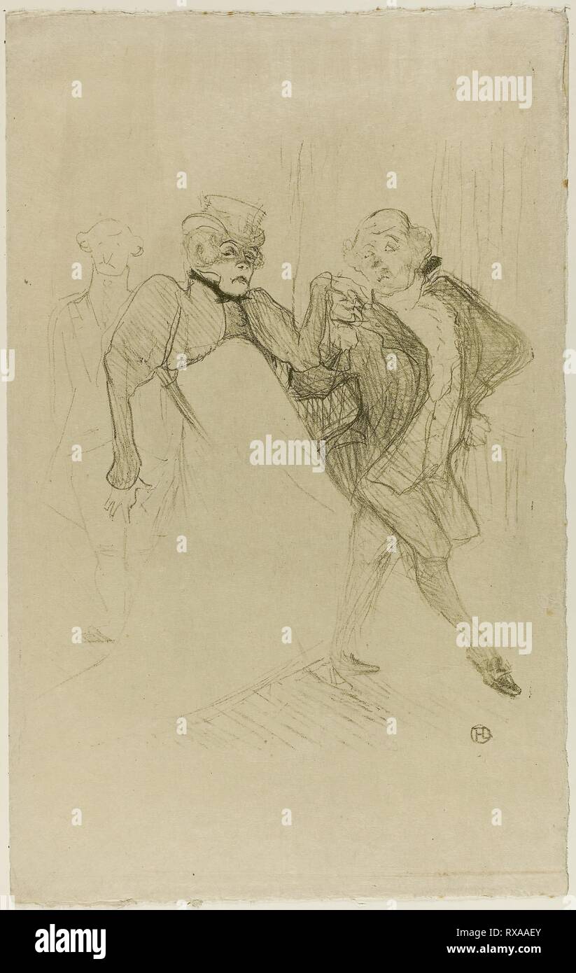 Réjane and Galipaux, in Madame Sans-Gêne. Henri de Toulouse-Lautrec; French, 1864-1901. Date: 1893. Dimensions: 320 × 267 mm (image); 468 × 293 mm (sheet). Color lithograph on cream laid Japanese paper. Origin: France. Museum: The Chicago Art Institute. Stock Photo