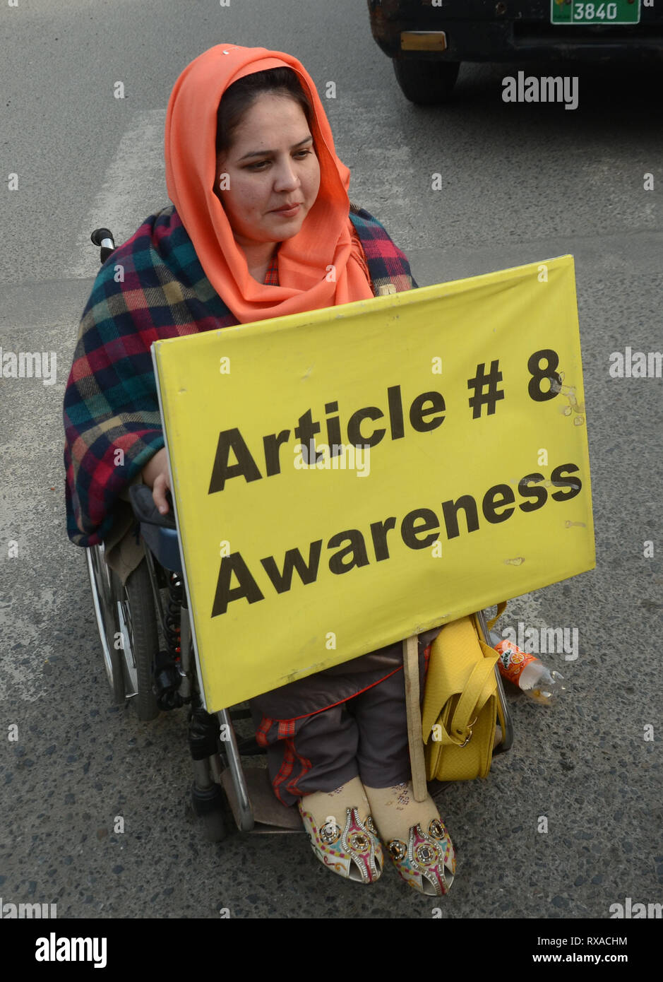 Lahore, Pakistan. 08th Mar, 2019. Women activists from different civil society hold placards during their protest rally from Press Club to Punjab Assembly in connection with International Women's Day. As World observed 8th March International Women Day globally. International Women's Day is marked on March 08 every year and is a global day celebrating the economic, political and social achievements of women past, present and future. Credit: Rana Sajid Hussain/Pacific Press/Alamy Live News Stock Photo