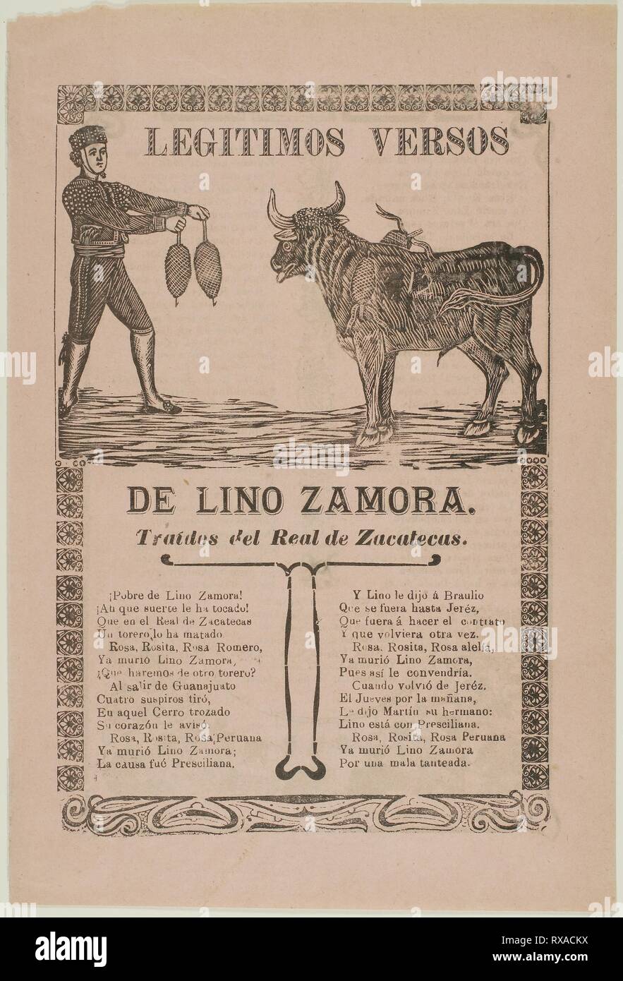 True Verses about Lino Zamora. José Guadalupe Posada (Mexican, 1852-1913); or Manuel Manilla (Mexican, 1830-c. 1900). Date: 1911. Dimensions: 299 x 200 mm. Relief engraving or photo relief etching on pink wove paper. Origin: Mexico. Museum: The Chicago Art Institute. Stock Photo