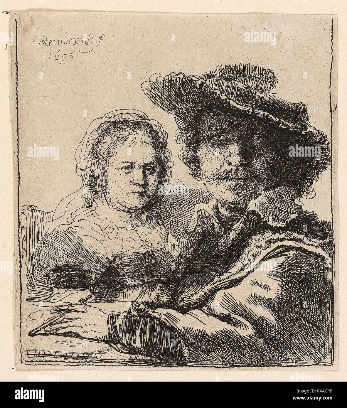 Self-Portrait with Saskia. Rembrandt van Rijn; Dutch, 1606-1669. Date: 1636. Dimensions: 104 x 92 mm (image); 106 x 96 mm (sheet, cut within plate mark). Etching on ivory laid paper. Origin: Holland. Museum: The Chicago Art Institute. Author: REMBRANDT HARMENSZOON VAN RIJN. HARMENSZOON VAN RIJN REMBRANDT. Rembrandt van Rhijn. Stock Photo