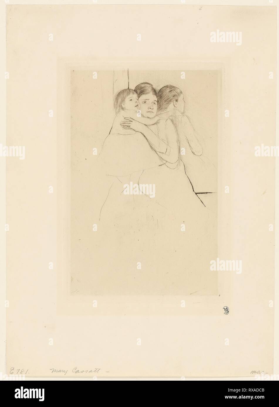 Mother Berthe Holding Her Child. Mary Cassatt; American, 1844-1926. Date: 1889. Dimensions: 220 x 144 mm (image); 236 x 159 mm (plate); 367 x 262 mm (sheet). Drypoint on cream wove paper. Origin: United States. Museum: The Chicago Art Institute. Stock Photo