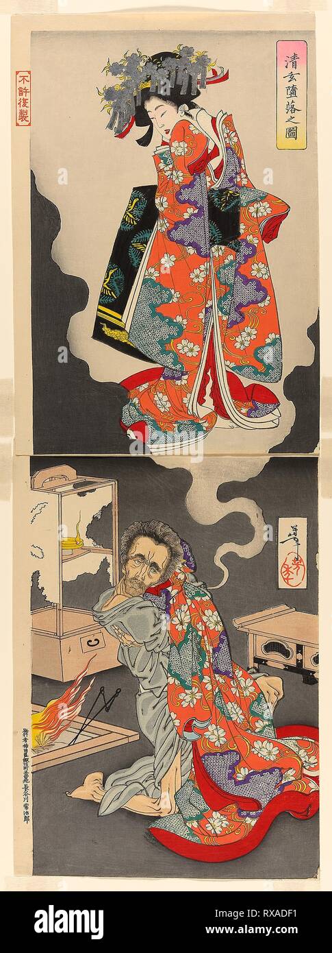 Seigen Languishing for His Love, Princess Sakura (Seigen daraku no zu). Tsukioka Yoshitoshi; Japanese, 1839-1892. Date: 1884-1892. Dimensions: 73.8 x 26 cm. Color woodblock prints; oban diptych. Origin: Japan. Museum: The Chicago Art Institute. Stock Photo