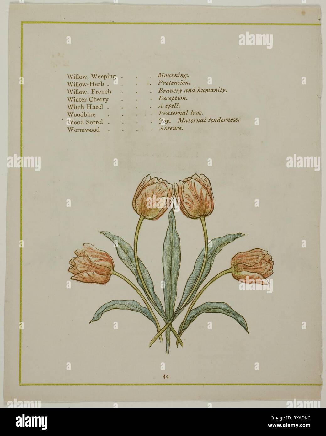 Decorative Illustration, from The Illuminated Language of Flowers. probably Edmund Evans (English, 1826-1905); after Kate Greenaway (English, 1846-1901); printed by Edmund Evans. Date: 1884. Dimensions: . Color wood engraving (chromoxylograph) reproduction of a watercolor on paper. Origin: England. Museum: The Chicago Art Institute. Stock Photo