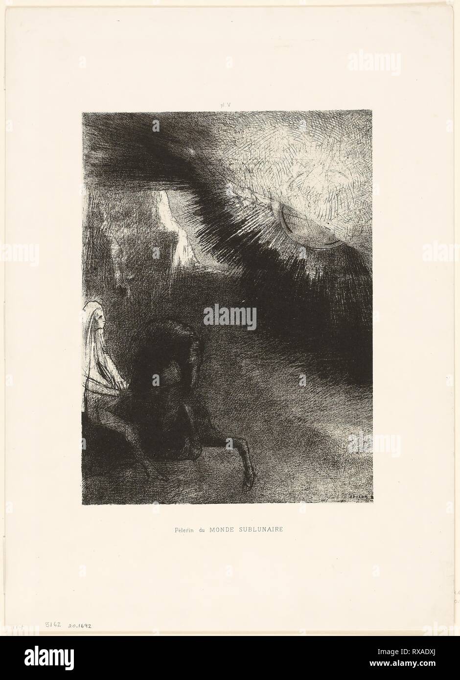Pilgrim of the Sublunary World, plate 5 of 6. Odilon Redon; French, 1840-1916. Date: 1891. Dimensions: 276 × 204 mm (image/chine); 436 × 312 mm (sheet). Lithograph in black on ivory China paper laid down on ivory wove paper. Origin: France. Museum: The Chicago Art Institute. Stock Photo