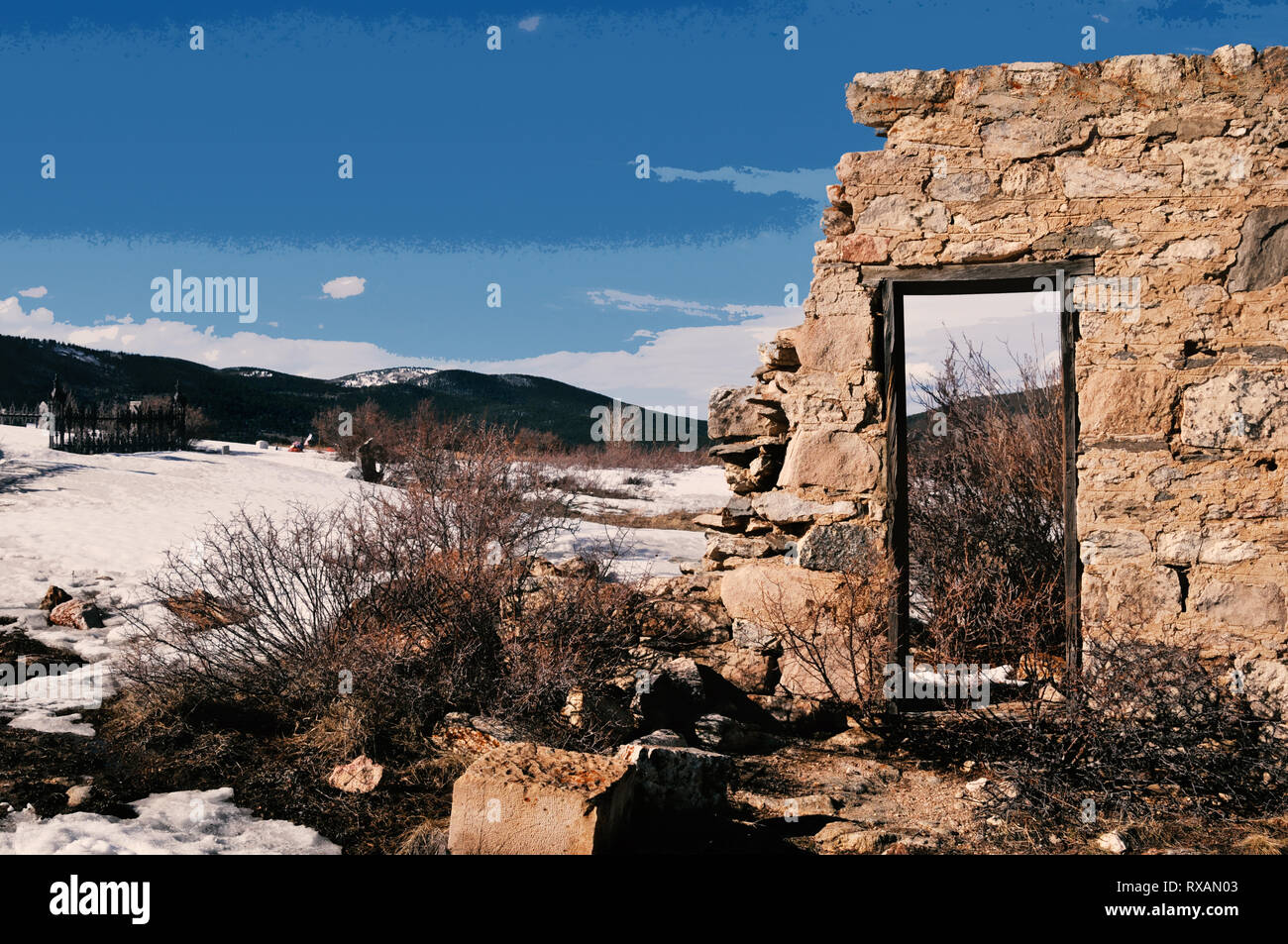 Remanants of an old wall and doorway in an old gold mining town in the Rocky Mountains.  Exclusive.  Fine art photography Stock Photo