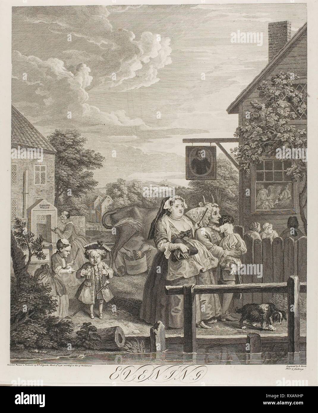 Evening, plate three from The Four Times of the Day. Bernard Baron (French, 1696-1762); after William Hogarth (English, 1697-1764). Date: 1738. Dimensions: 453 × 374 mm (image); 485 × 405 mm (plate); 665 × 500 mm (sheet). Etching and engraving in black on ivory laid paper. Origin: France. Museum: The Chicago Art Institute. Stock Photo