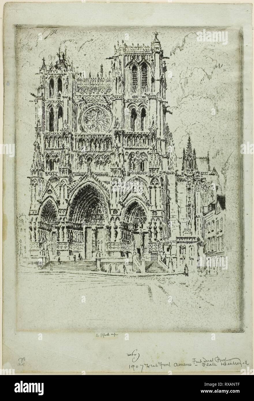 The West Front, Amiens. Joseph Pennell; American, 1857-1926. Date: 1906-1907. Dimensions: 299 x 225 mm (image); 361 x 244 mm (sheet). Etching on blue-gray laid paper. Origin: United States. Museum: The Chicago Art Institute. Stock Photo