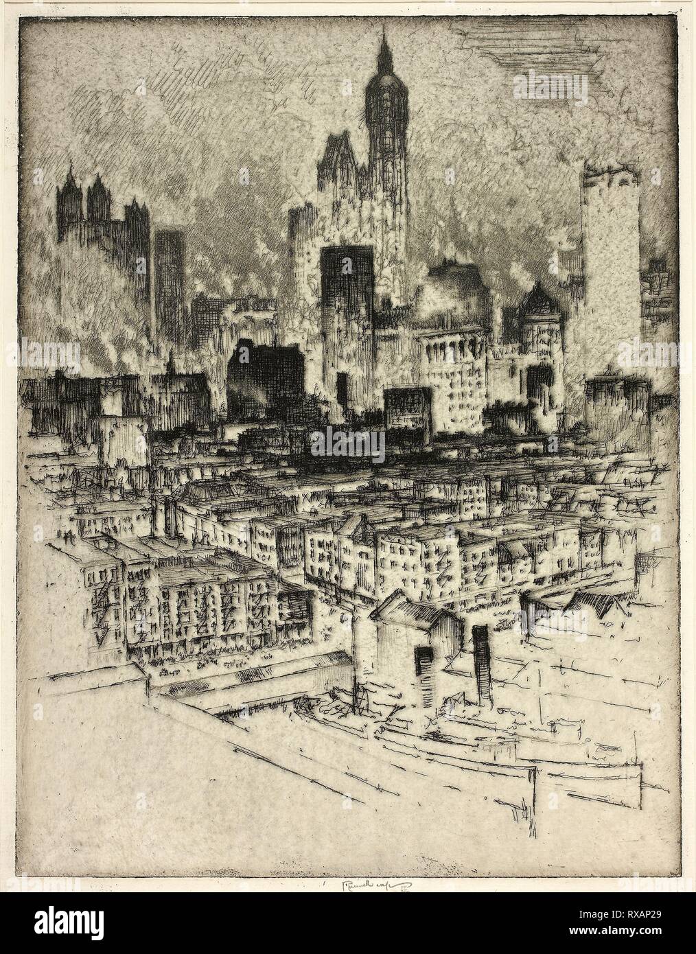 New York, from Brooklyn Bridge. Joseph Pennell; American, 1857-1926. Date: 1908. Dimensions: 279 x 215 mm (image); 336 x 238 mm (sheet). Etching on cream laid paper. Origin: United States. Museum: The Chicago Art Institute. Stock Photo