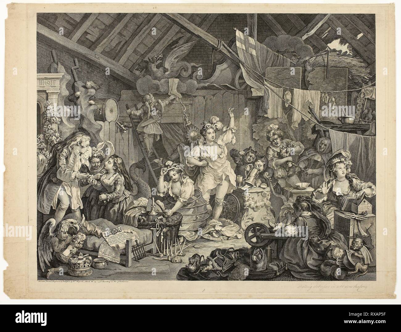 Strolling Actresses Dressing in a Barn. William Hogarth; English, 1697-1764. Date: 1738. Dimensions: 423 × 537 mm (image); 460 × 562 mm (plate); 470 × 620 mm (sheet). Etching and engraving in black on cream laid paper. Origin: England. Museum: The Chicago Art Institute. Stock Photo